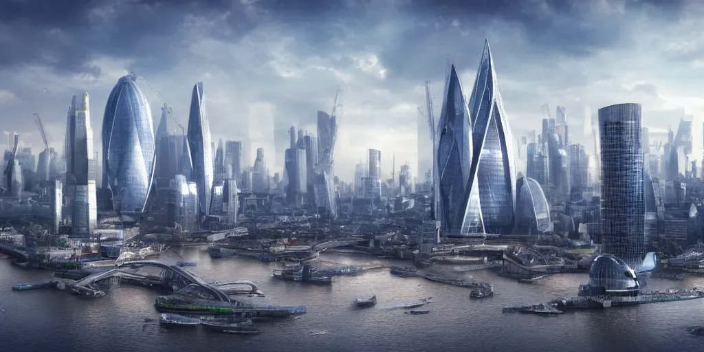 Image similar to Futuristic London in a sci-fi style, the Gherkin, millenium wheel, The Thames, hyper realistic, very detailed, 8K,