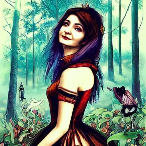 Image similar to anushka sharma as alice in wonderland. comic book style. gothic. forest background. hyperrealistic. artist android jones.