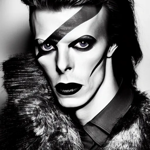 Image similar to a fashion photo portrait of a young david bowie, full makup, smokey eye, medium shot. In the style of Helmut newton, robert maplethorpe, Stefano Brunesci, Lachlan Bailey, Herb Ritts, Ellen Von Unwerth, Haris Nukem, Sardax, Annie Leibovitz. detailed photo, hd, 4k, trending on artstation, 35mm, f1.8
