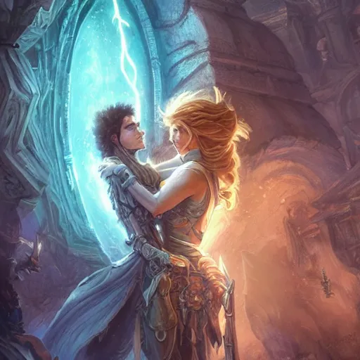 Prompt: a young couple, a mortal male rogue and a lightning goddess! hugging each other in front of the portal of eternity!, D&D, fantasy, intricate, elegant, highly detailed, digital painting, artstation, concept art, matte, sharp focus, illustration, hearthstone, art by Artgerm and Greg Rutkowski and Alphonse Mucha