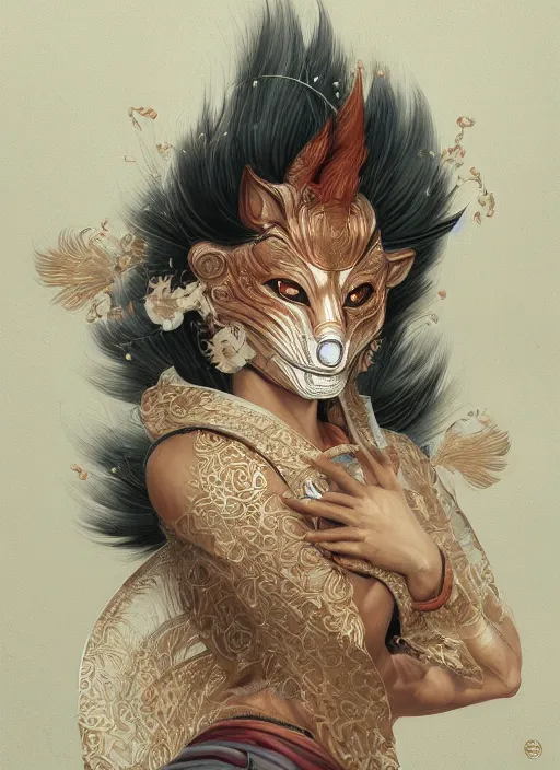 Image similar to a beautiful detailed oil on copper art illustration of a japanese kitsune mask woman, centered, by charlie bowater, zeng fanzh, trending on artstation, dim dusk lighting, cinematic lighting, detailed lighting, volumetric lighting, realistic, f 8, 4 k hd wallpaper