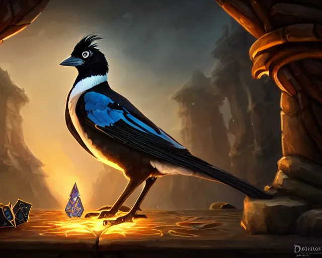 Image similar to magpie, deep focus, d & d, fantasy, intricate, elegant, highly detailed, digital painting, artstation, concept art, matte, sharp focus, illustration, hearthstone,