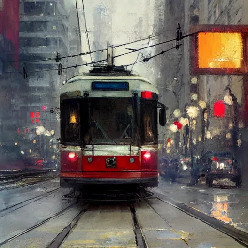 Image similar to toronto streetcars painting by jeremy mann