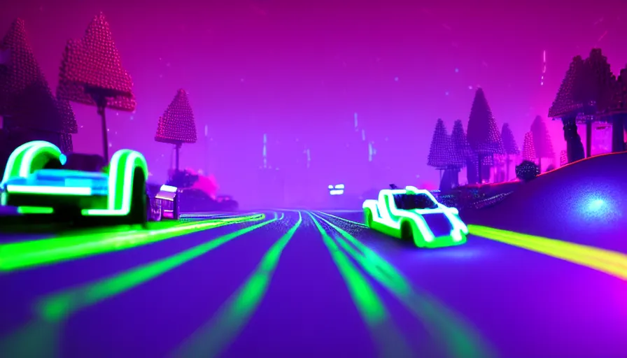 Image similar to luminescent lego car driving on a neon road into the distance with glowing cyberpunk signs leaving long glowing trails, top rear view, dark magical forest, synthwave, octane render, purple fog, futuristic, sunset, purple rays, reflective mirror puddles, beautiful lighting, ultra realistic, highly detailed, 8 k