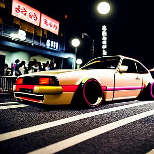 Image similar to a car S30 turbo drift at illegal car meet, shibuya prefecture, midnight mist streetlights, color grade, photorealistic, highly detailed wheels, highly detailed