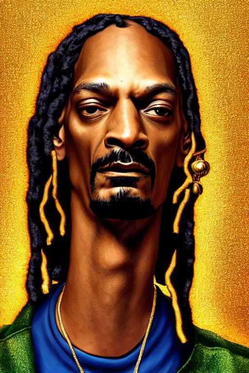 Prompt: Portrait of snoop dog as gangster, elegant, photorealistic, highly detailed, artstation, smooth, sharp focus, gold ornaments, neon lighting, sci-fi, art by Klimt