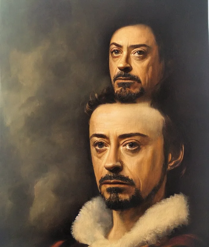 Prompt: oil painting half-lenght portrait of Robert Downey Jr by Leonardo da Vinci