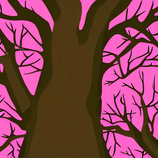 Image similar to cartoon background of a thick tree with pink glowing leaves hanging down