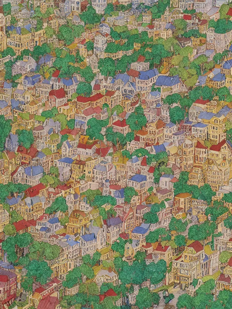 Image similar to an elaborate and dense painting of a peaceful neighborhood, detailed, made of alcohol ink on parchment and penned illustrations, by wes anderson and geoff darrow