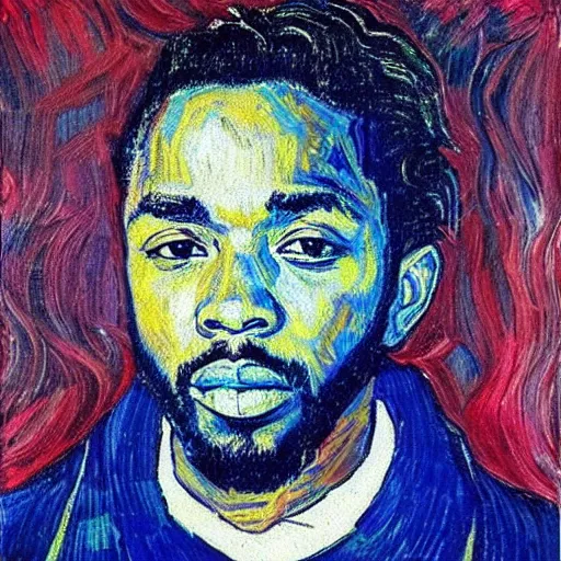 Prompt: portrait of kendrick lamar in t - shirt in the style of vincent van gogh, colorful, artistic, vibrant, high fashion, art