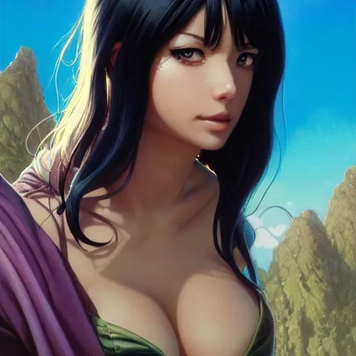 Image similar to highly detailed vfx portrait of nico robin by eiichiro oda!!!, stephen bliss, greg rutkowski, loish, rhads, beeple, makoto shinkai, tom bagshaw, alphonse mucha, sharp focus, art by artgerm and greg rutkowski, stanley kubrick, backlit, harsh overhead sunlight!!,