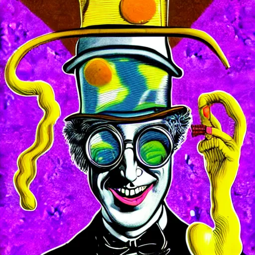 Image similar to graphic illustration, creative design, willy wonka as baphomet, biopunk, francis bacon, highly detailed, hunter s thompson, mixed media