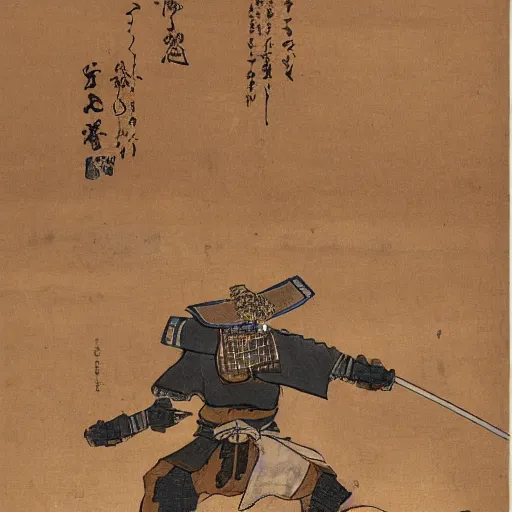 Image similar to an armoured samurai slicing a mountain in two with his katana, detailed, realistic, wide angle