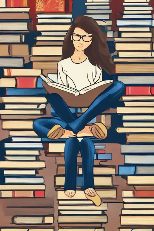 Prompt: a woman with light brown hair and glasses sits cross legged on top of a tall pile of books. she is reading. clean pretty cartoon painting, beautiful detailed face.