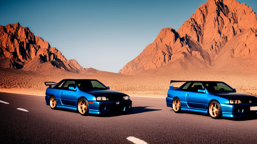 Image similar to three quarter front photo of a stock dark grey nissan r 3 2 skyline gtr on a road in a desert with a mountain in the background in the early morning, car photography, zoom lens, blue hour, photorealistic