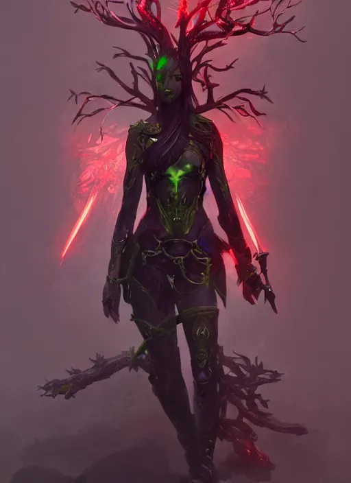 Prompt: Half-body portrait of a dryad assassin with blades for hands and black and green leather armour, red aura. In style of Hyung-tae Kim and Greg Rutkowski, concept art, trending on ArtStation, Korean MMORPG, over-detailed art, 8K, epic, dynamic lightning, dramatic pose.