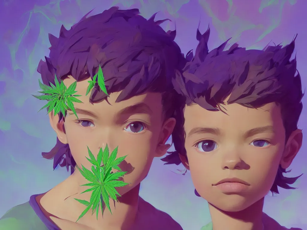 Image similar to kid with symmetrical beauty face, green flowers of marijuana purple glow hemp cannabis, behance hd, by jesper ejsing, by rhads, makoto shinkai, lois van baarle, ilya kuvshinov, rossdraws global illumination, golden ratio