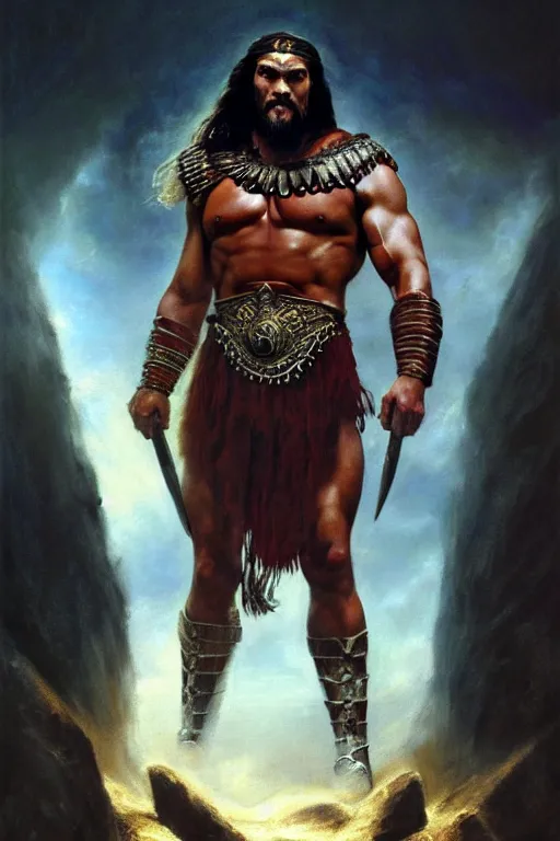 Image similar to beautiful portrait oil painting, jason momoa conan the barbarian standing in a dungeon wearing a crown and royal crimson spartan armor enthroned as the god emperor of ancient rome, muscular, action pose, frank frazetta, boris vallejo, greg rutkowski, beautiful cinematic light, low angle, thomas lawrence, greg rutkowski, high contast