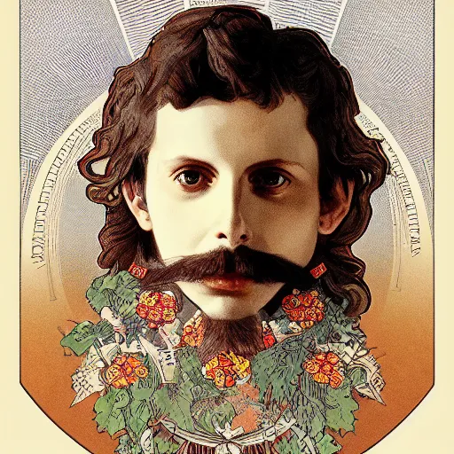 Prompt: a detailed portrait of michael cera as santa ana at the alamo, long twirling moustache, by alphonse mucha and arthur mucha, god rays, intricate detail, cinematic, 8 k, featured on artstation, pixiv