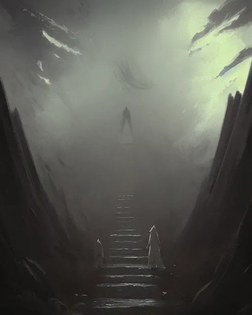 Image similar to “Medium shot of a character walking through Heaven’s Gate in the style of Greg Rutkowski”