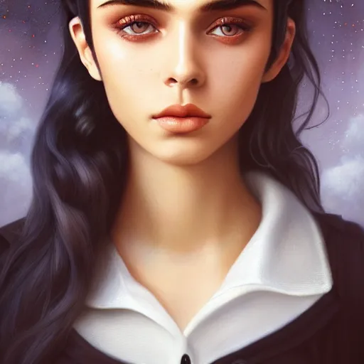 Image similar to tom bagshaw, very beautiful mix of madison beer and bella poarch in a sailor suit flirting smile, randomly lustrous dyed hair, professionally retouched, focus eyes, ultra realistic soft painting, insanely detailed linework, symmetrical accurate intricate features, behance artstation, 8 k, - signature