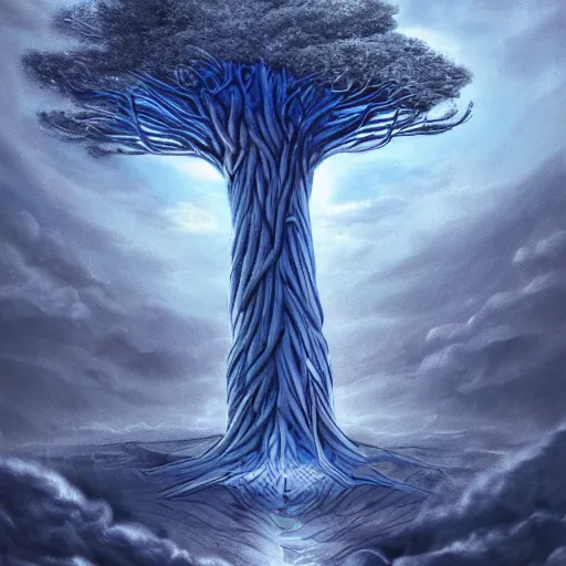 Image similar to biology birth of gods, sky tree, a beautiful art graphite colored ko young hoon he logged into in the ground forward his right the wondrous sight engine, cinematic shot, tanning by edward is to be the trees in cartoon, concept art, blue monochrome black 7 0 ´ s color palette