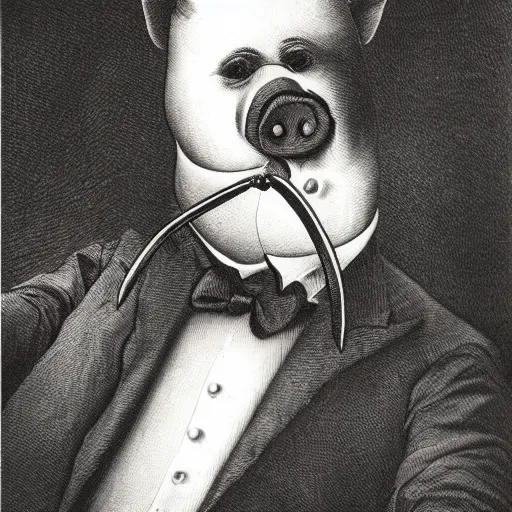 Prompt: a pig in a tuxedo, creepy atmosphere, dark, portrait, realistic portrait, close up, face, very realistic, illustration by Gustave Doré