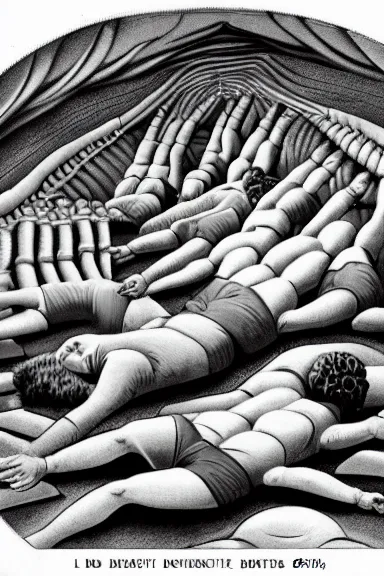 Image similar to A vintage scientific illustration from the 1970s of humans forming caves with their bodies