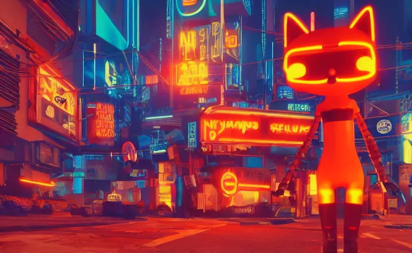 Image similar to Skinny orange cat in cyberpunk with neon signs and robots, very detailed, very photorealistic.