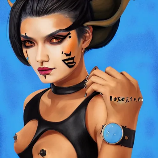 Image similar to illustrated realistic portrait of ram-horned devil woman with blue bob hairstyle and her tan colored skin and with solid black eyes wearing leather by rossdraws