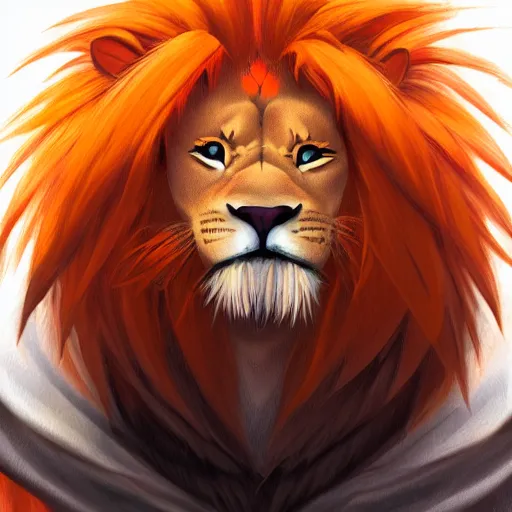 Image similar to portrait of a lion man warrior, fursona, furry art, anthro, light orange fur, detailed long dark orange mane, orange eyes, anime key visual, makoto shinkai