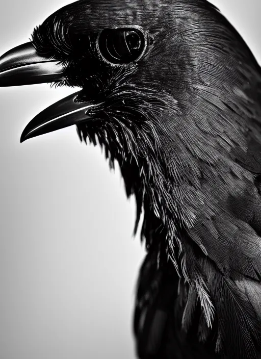 Image similar to a profile portrait, a stunning young cyborg female mixed crow mixed vegetal, editorial photography, bw, shot on 7 0 mm, depth of field, f / 2. 8, high contrast, 1 6 k, volumetric lighting, shiny, insanely detailed and intricate, hypermaximalist, elegant, ornate, hyper realistic, super detailed