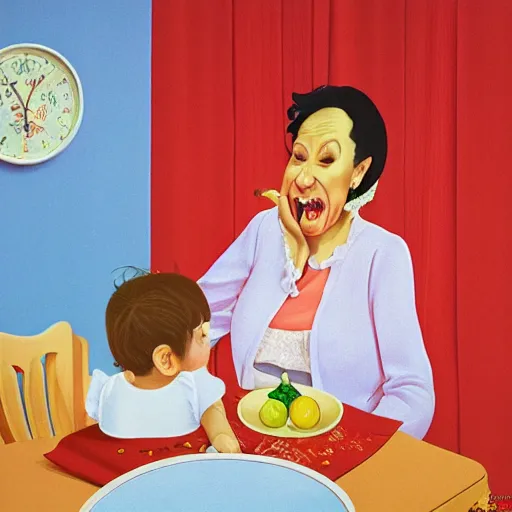 Image similar to hyper realistic hight detailed grandmother with a big mouth eating a baby on the table in the russian kitchen on the wall hangs a rug, style by hiroshi nagai, bright colors