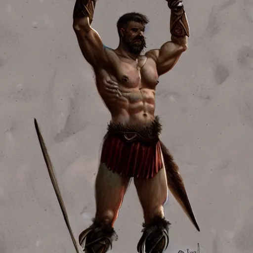 Image similar to male roman gladiator, gorgeous, amazing, muscular, silk, intricate, elegant, thighs, highly detailed, digital painting, artstation, concept art, sharp focus, illustration, by greg rutkowski