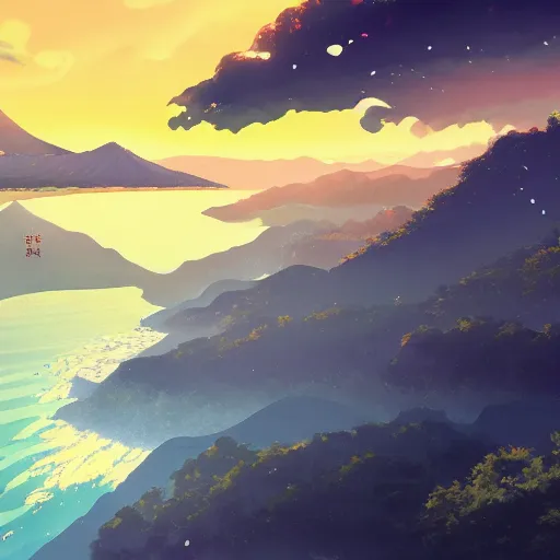 Image similar to A beautiful painting of japan coast with mountains ,Anime ,nature ,illustration, Nature wallpaper, Bright and airy, Aerial, Makoto shinkai ,Trending on artstation