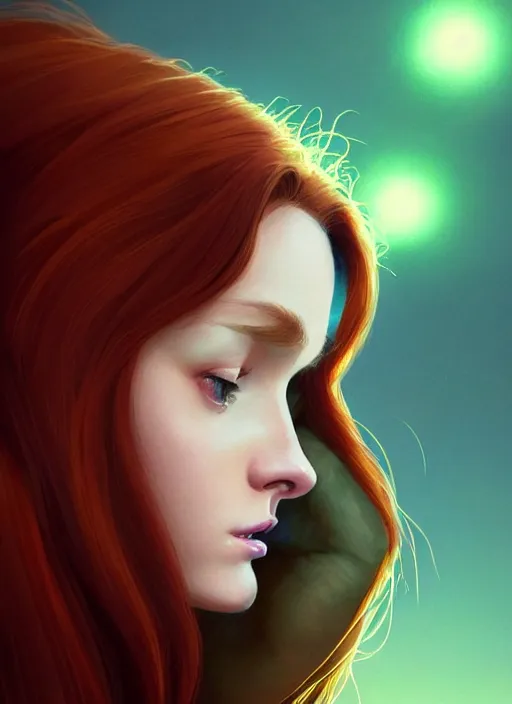 Image similar to portrait of teenage cheryl blossom, bangs, green eyes, mean expression, mischievous expression, red hair, bangs and wavy hair, bangs, intricate, elegant, glowing lights, highly detailed, digital painting, artstation, concept art, smooth, sharp focus, illustration, art by wlop, mars ravelo and greg rutkowski