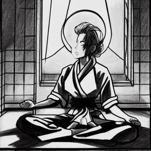 Image similar to of a takashi okazaki style pencil and ink manga drawing of scarlett johansson meditating in the middle of a dojo with dramatic moonlight coming in through the window.