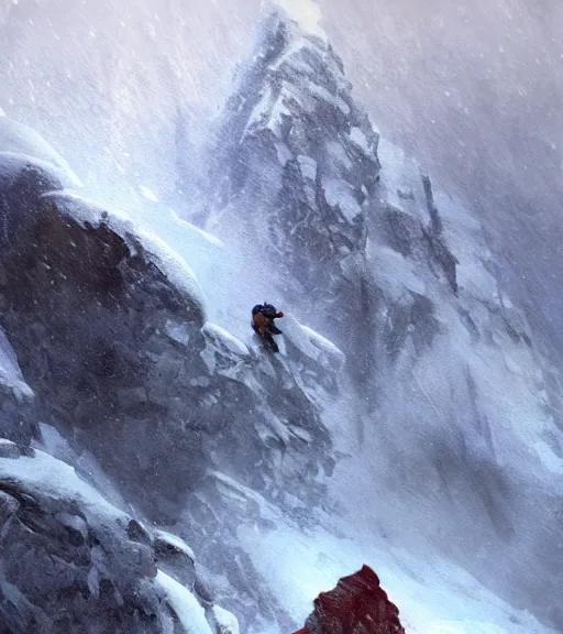 Image similar to a climber climbs a snowy mountain in a storm, close view, painting by craig mullins, octane rendering, soft morning lighting, wide angle lens, in the style of hayao miyazaki, trending on artstation,