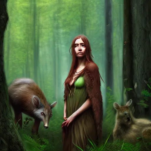 Image similar to a female woodland druid surrounded by forest animals, in the woods, hyper realistic, digital painting, photorealistic, in the style of greg rutkowski, detailed face