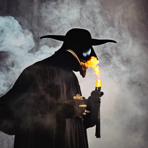 Prompt: a plague doctor exhaling a huge smoke cloud from his halloween bong, award winning candid photography