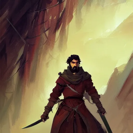 Prompt: a brown haired young swordsman with a short beard in the style of marc simonetti