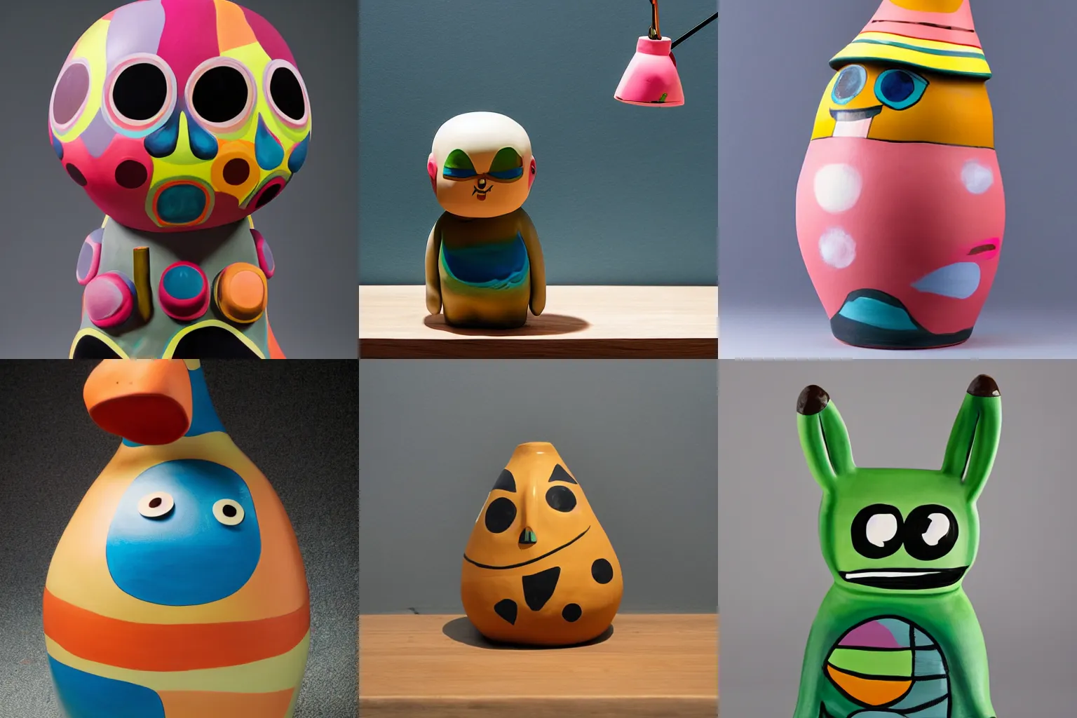 Prompt: painted ceramic sculpture, pictoplasma