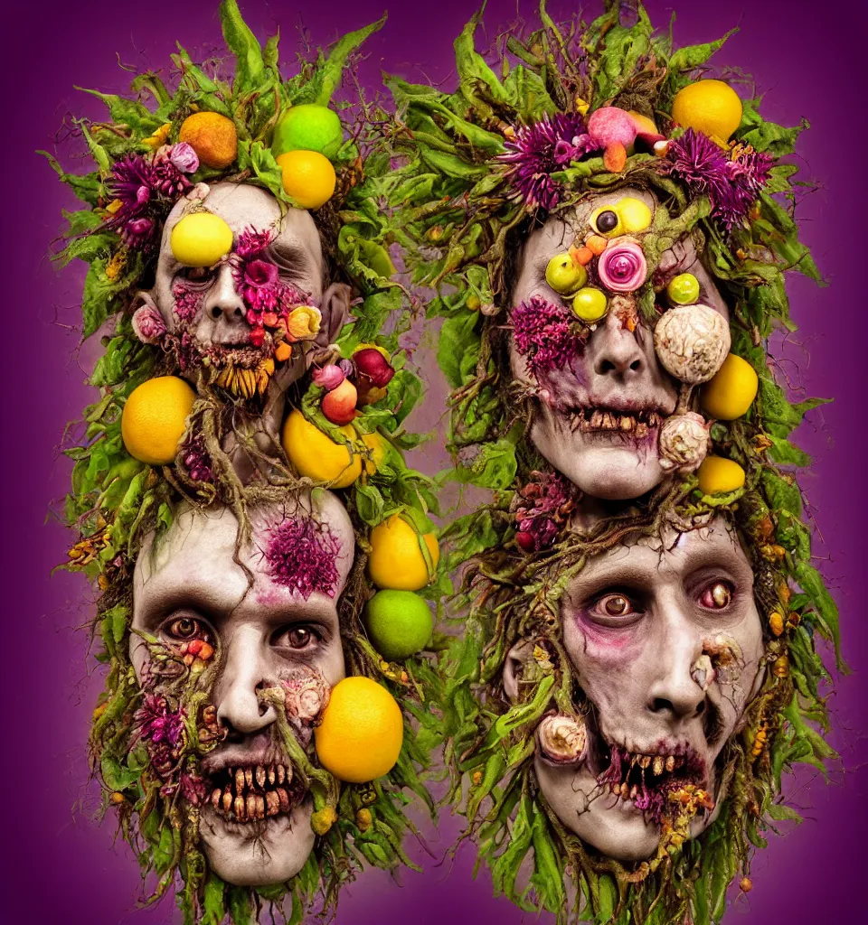 Prompt: headshot portrait of a trickster nature zombie, head made of fruit and flowers in the style of arcimboldo, fragonard, covered with tendrils roots and snail shells, oil painting, ethereal, atmospheric lighting, action figure, clay sculpture, claymation, gray yellow and magenta, botanical rainbow backdrop