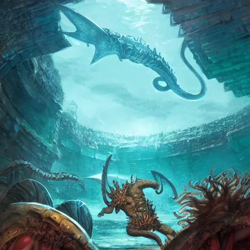 Beautiful Fantasy Illustration Of Merfolk Gladiators 