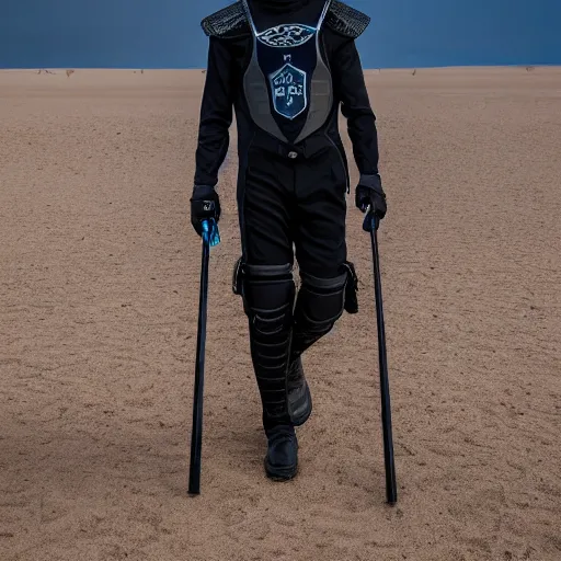 Image similar to medium face shot of adult Austin Butler dressed in black-prussian blue futuristic-tudoresque clothing with embroidered-Ram-emblem, and nanocarbon-vest, in an arena in Dune 2021, XF IQ4, f/1.4, ISO 200, 1/160s, 8K