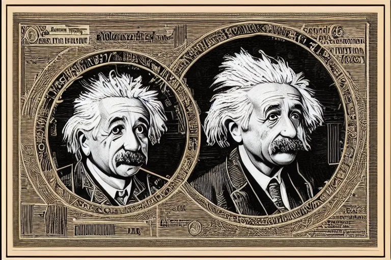 Prompt: an engraved portrait of albert einstein surrounded by intricate equations of theory of relativity, detailed!!! copper - plate engraving in the style of a postage stamp, freemason symbol, fine!!! lines, engraved by alfred sealey, bureau of engraving and printing