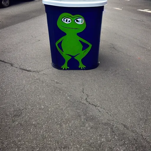 Prompt: pepe the frog standing in a trash can