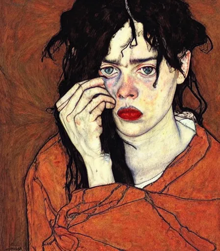 Prompt: portrait of billie eilish by egon schiele, intense desire, high quality, high detail