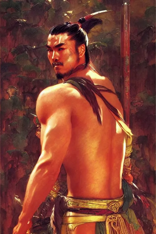 Image similar to wuxia, beefy male, character design, ancient china, colorful, painting by gaston bussiere, craig mullins, j. c. leyendecker, tom of finland