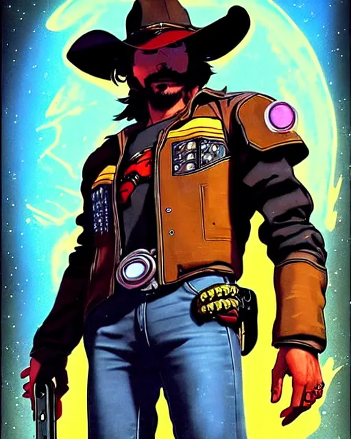 Prompt: mccree from overwatch, cyber space cowboy, outter space, cyber armor, character portrait, portrait, close up, concept art, intricate details, highly detailed, vintage sci - fi poster, retro future, vintage sci - fi art, in the style of chris foss, rodger dean, moebius, michael whelan, and gustave dore